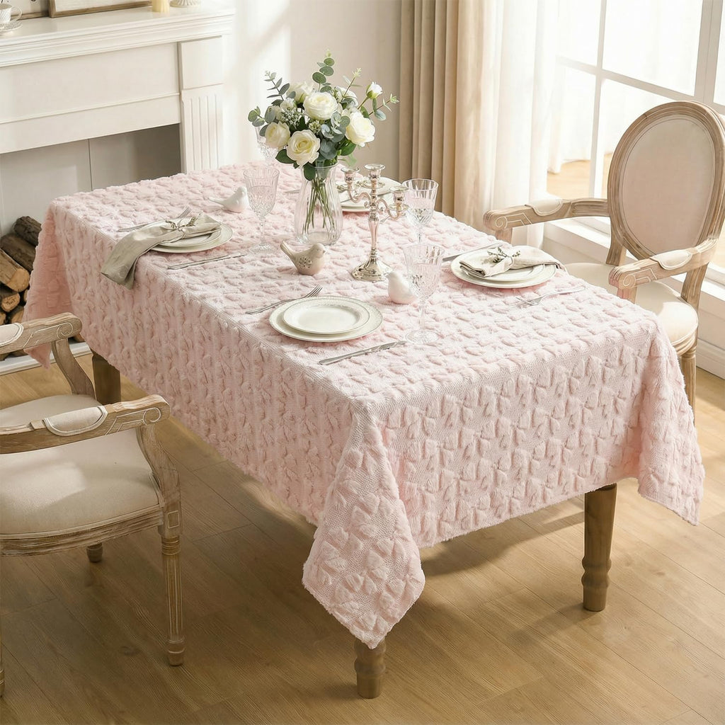 Bow Tablecloth 60×84 Inch Rectangular, Pink Soft Plush Faux Fur Jacquard Bow Table Cover, Seasonal D