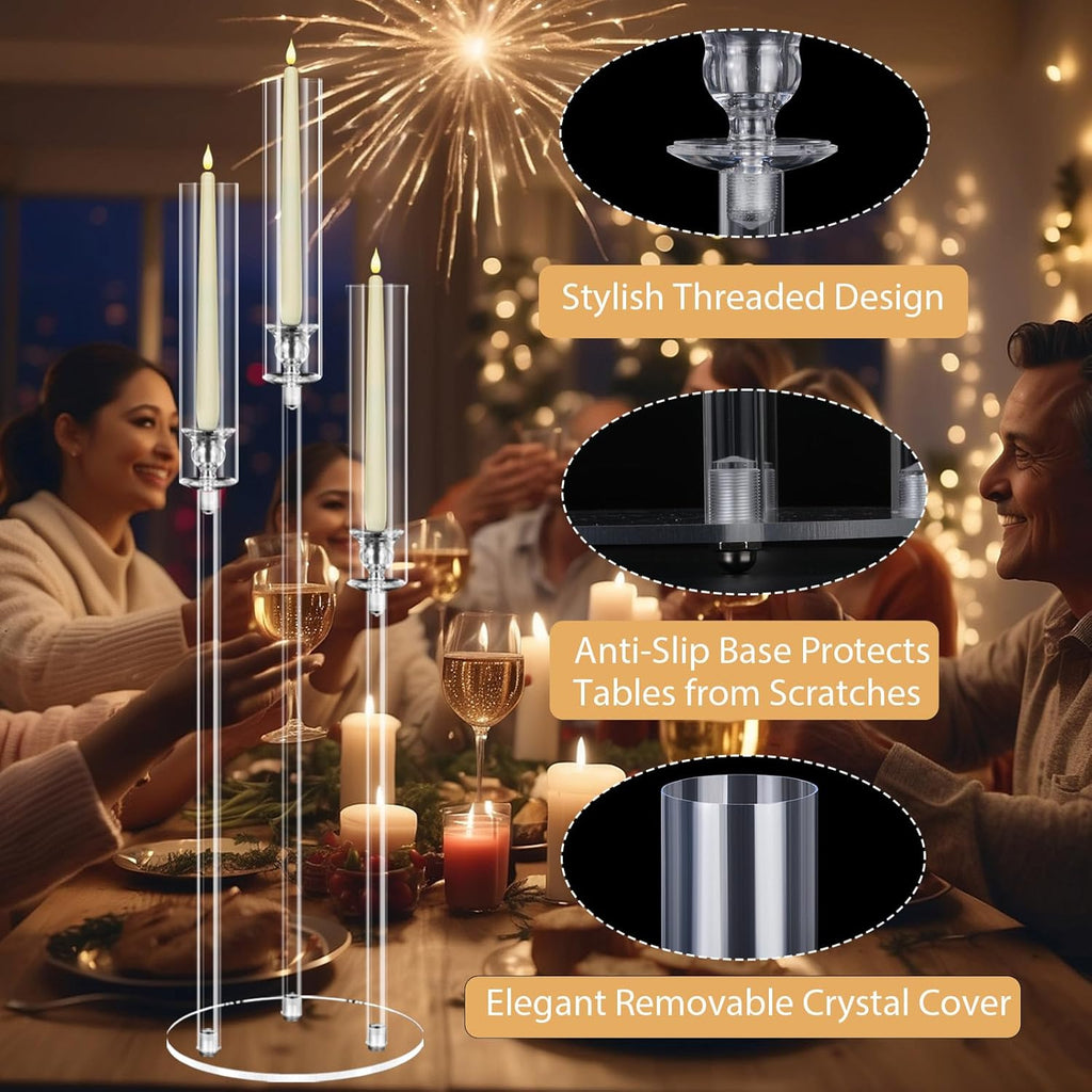 6 Set 3 Arms Acrylic Candelabras with Shades, 42" Floor Candelabra Centerpieces,Clear Candle Holder for Table