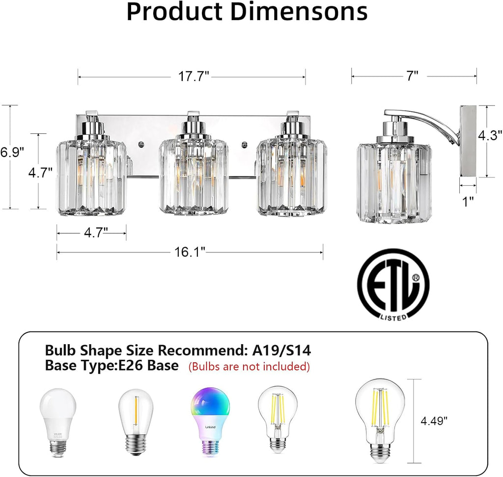 3 Lights Crystal Bathroom Vanity Light Modern Chrome Bathroom Light Fixture Bathroom Lighting Fixtures Over Mirror