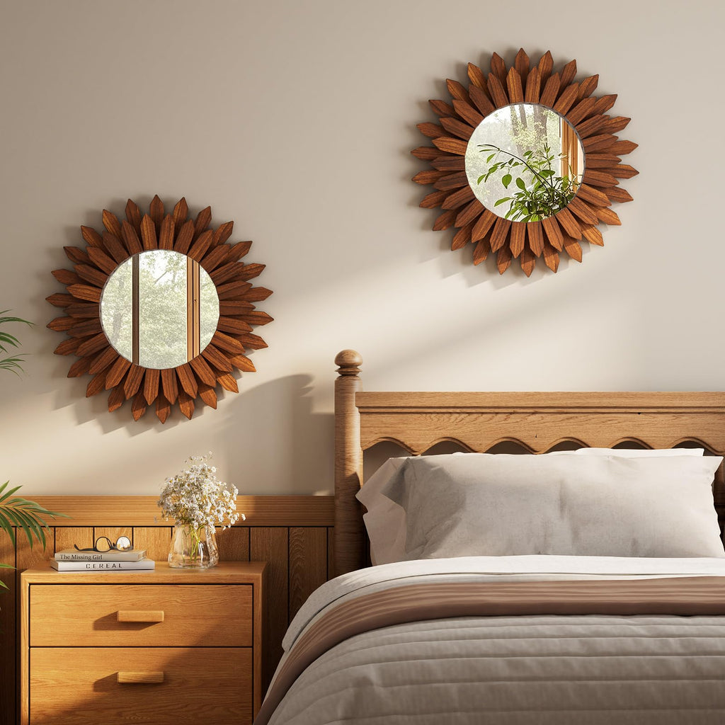 20" Walnut Round Sunburst Wooden Mirror Boho Rustic Wall Decor