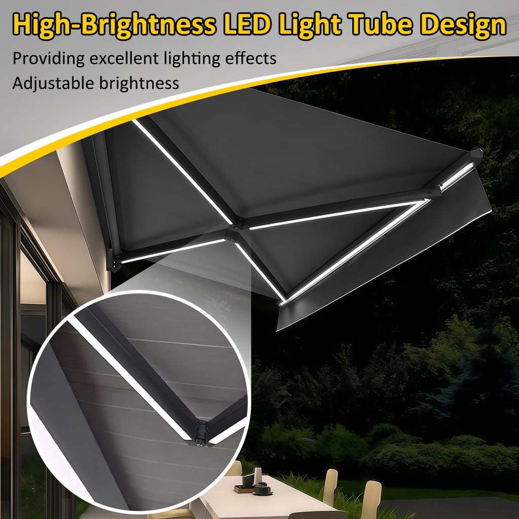 Electric Retractable Awning, Automatic Retractable Awning & LED Light, Motorized Outdoor Shade Waterproof Fabric for