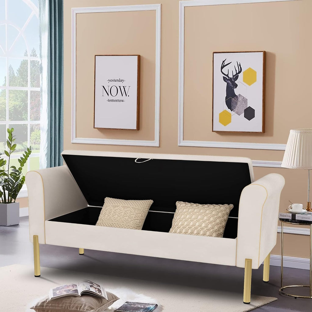 Modern Blue Velvet Storage Bench End of Bed Bench Ottoman, Upholstered Armed Entryway Bench Long Settee