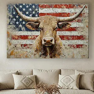Texas Longhorn Cow Canvas Wall Art - Bull Print Home Decor - Barnhouse Wall Art - Farmhouse and Wild West Small to