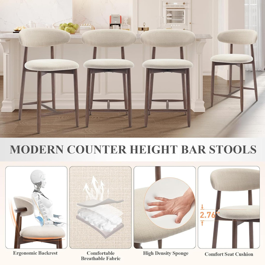 Counter Height Bar Stools Set of 4, Kitchen Bar Stools with Back, Mid Century Modern Upholstered, with Wood Legs