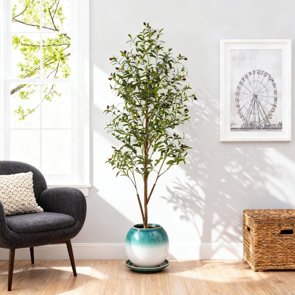 6Ft Artificial Olive Tree with Moss & Basket - Indoor Tall Faux Olive Tree in Planter, Large Fake Olive Silk Tree