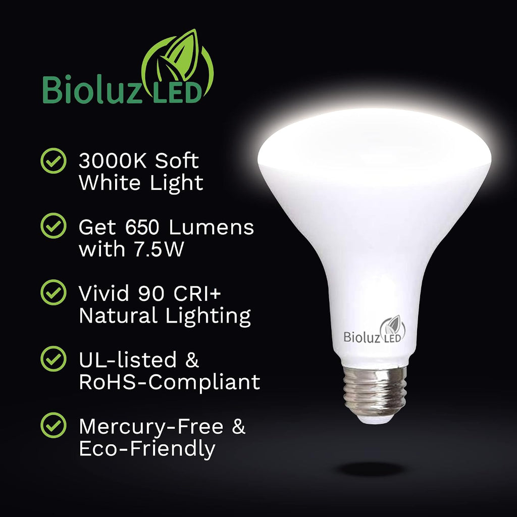 4 Pack BR30 LED Bulbs, Indoor Flood Lights 90+ CRI 65W Equivalent uses 7.5W 3000K Soft White 650 Lumens, E26 Base