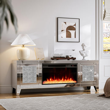 Mirrored TV Stand with Fireplace, Modern Fireplace TV Stand for 65+ inch TV, Mirrored Entertainment Center with LED