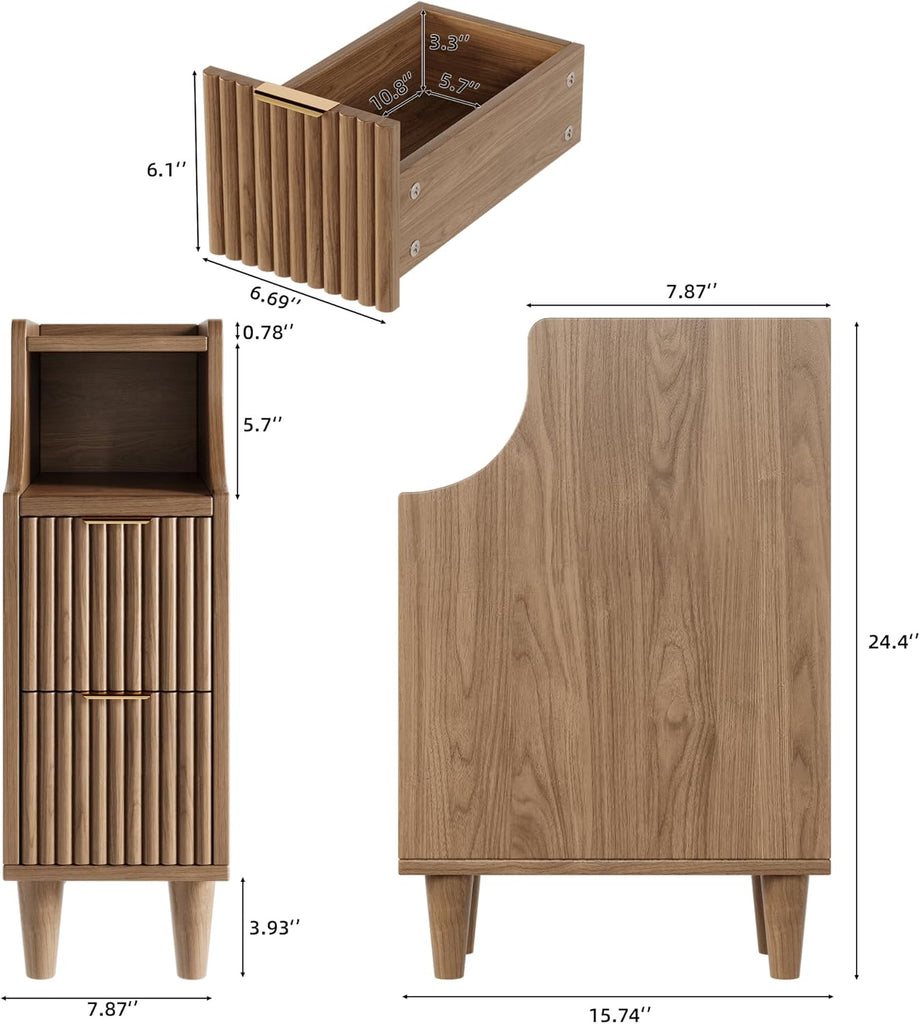 Fluted Nightstands Set of 2,Narrow Bedside Table with 2 Drawers & Storage, Farmhouse Walnut End Table Modern Side