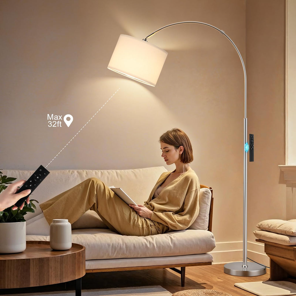 Dimmable Arc Floor Lamp with Remote, Color Temp Adjustable, Silver
