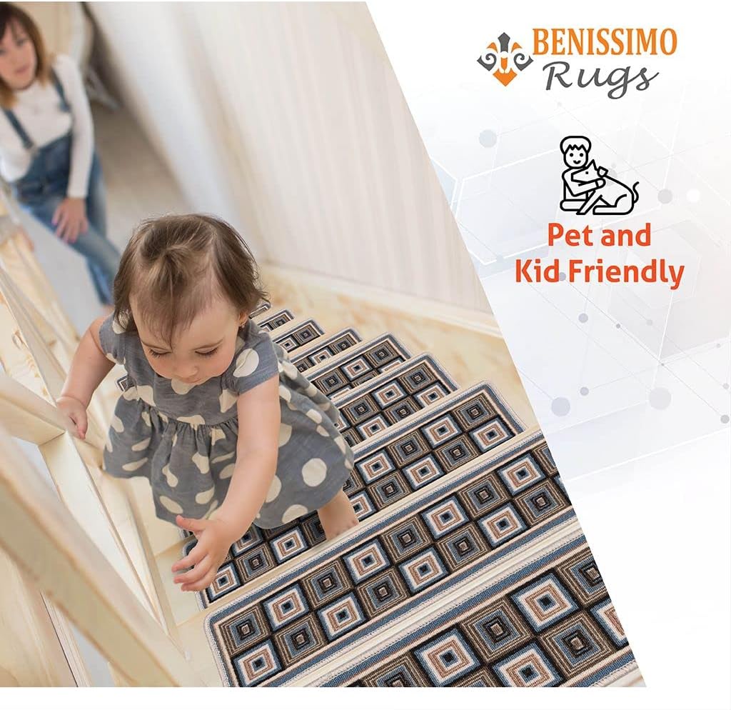 Stair Treads Carpet with Landing Slip Resistant Stair Rugs, Set of 13 (9"x32") + 1 (31"x31") Runner for Indoor Wooden