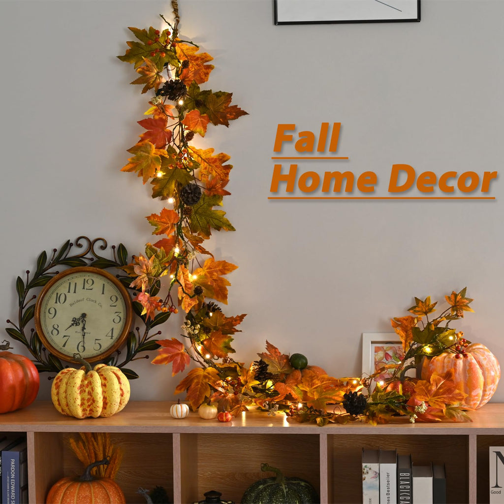 Fall Maple Leaf Garland, 9 Ft Fall Decor Garland with 30 Warm Lights