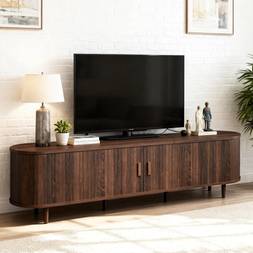 70" Mid Century Modern TV Stand, Wood TV Consoles with Sliding Doors and Power Outlet, Entertainment Center with Adjustable Shelves, Fluted TV Stands for Living Room, Walnut