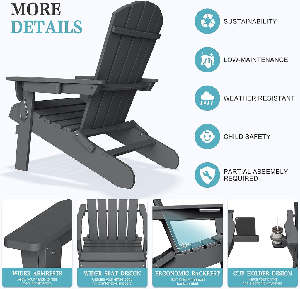 Folding Adirondack Chairs Set of 2,HDPE All-Weather Patio Chairs with Cup Holder & Phone Holder,Wooden Textured Fire