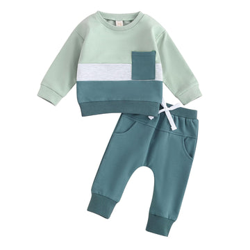 Toddler Baby Boy Fall Outfit Contrast Color Sweatshirt Tops with Elastic Waist Pants Cute Infant Newborn Winter