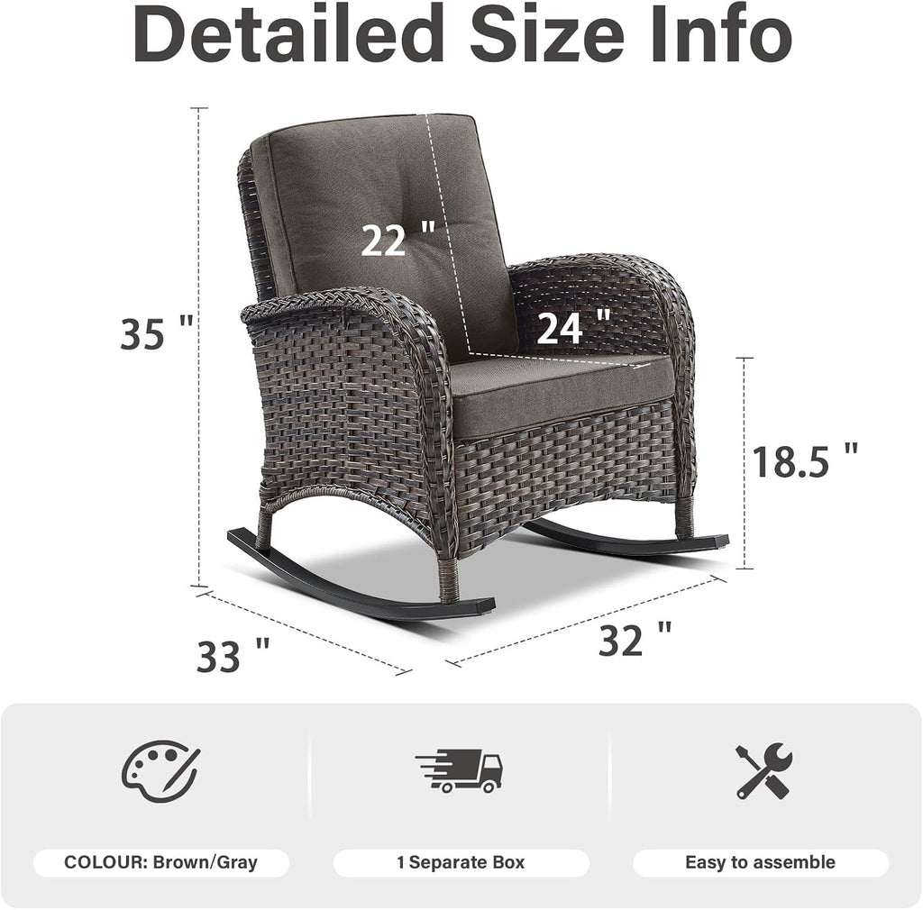Patio Rocking Chair Wicker Chair, 1 Piece Outdoor Rocking Chair Seating with Cushions for Porch Deck Balcony