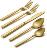 Cube Gold 20-Piece Flatware Set, Forged Cutlery Set, Matte Gold Silverware Service for 4
