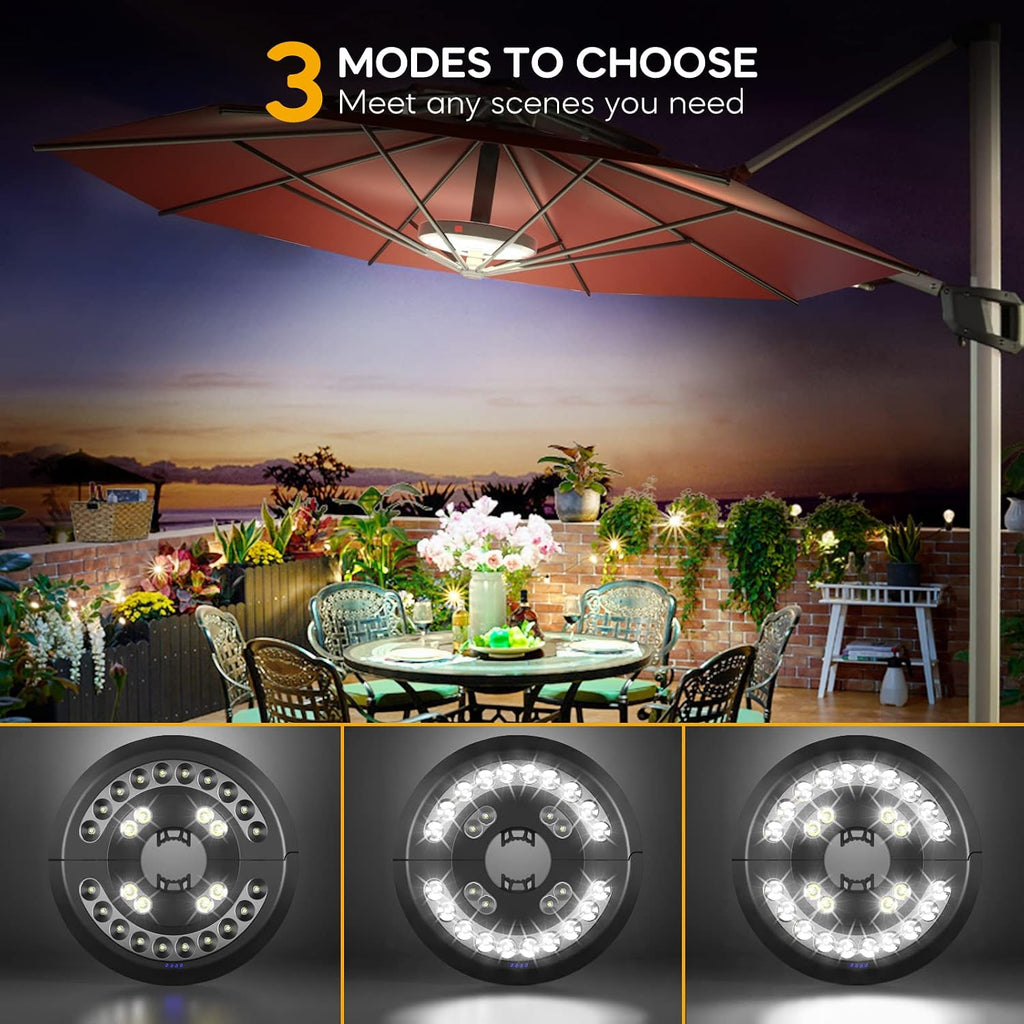 Rechargeable Patio Umbrella Light-28 LED White Umbrella Pole Light | 3 Brightness Modes Cordless Outdoor Light Table