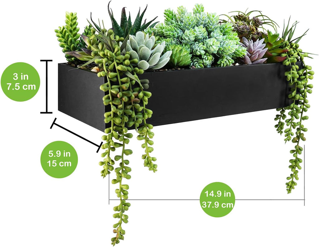 15" Artificial Succulents Arrangement Faux Succulents in Rectangular Black Wooden Planter Box Faux Potted Succulents