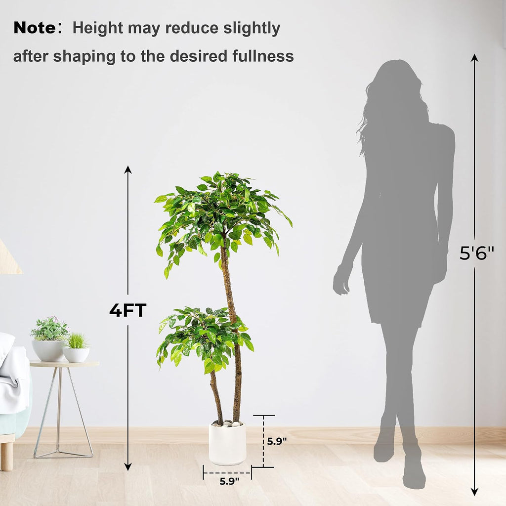 4FT Artificial Ficus Tree with White Planter and Pebbles,Faux Silk Tree with Lifelike Leaves and Realistic Trunk,Tall