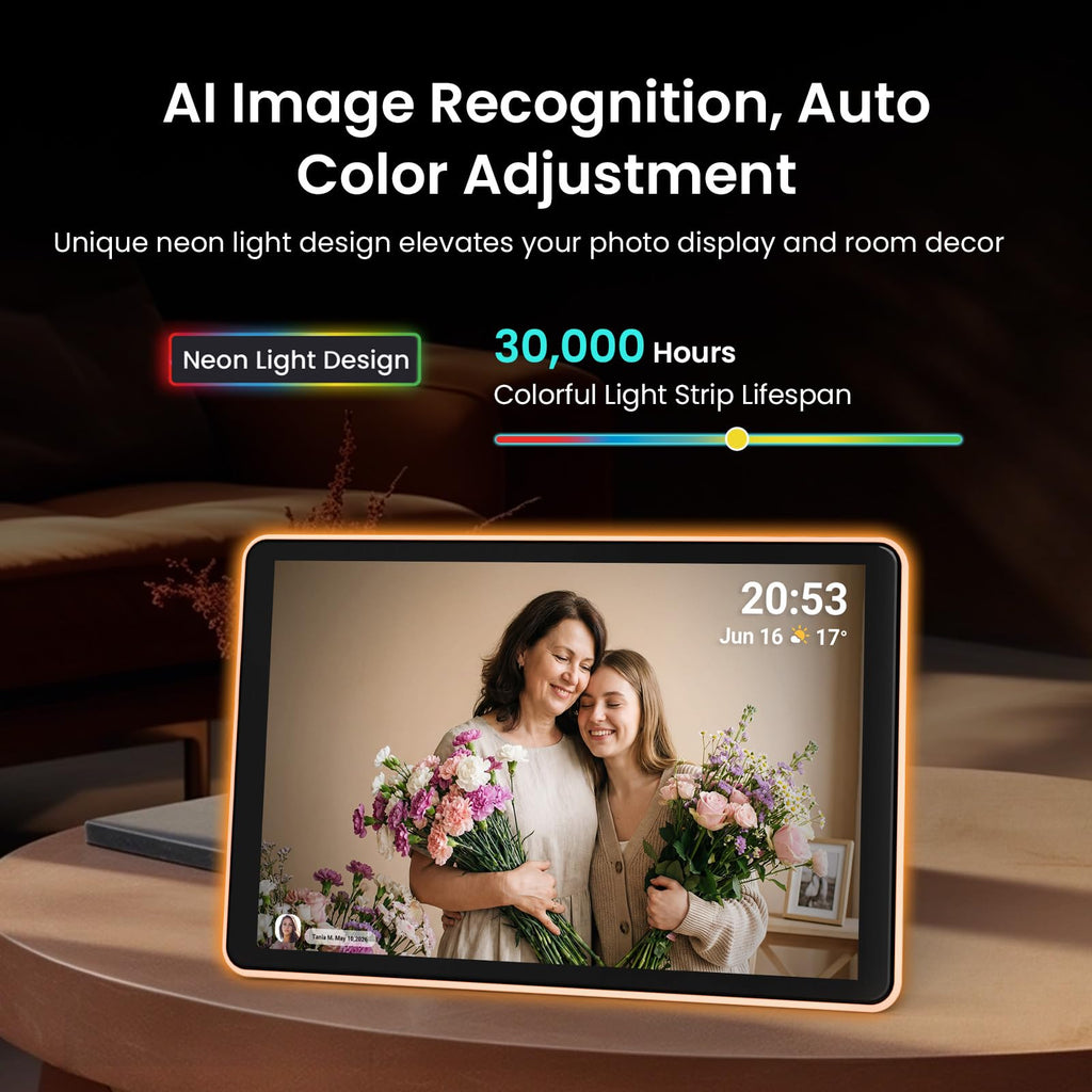 Neon Light Digital Picture Frame, Desk Digital Calendar, Auto-synced Schedule via Frameo App - 10.1" HD Touchscreen