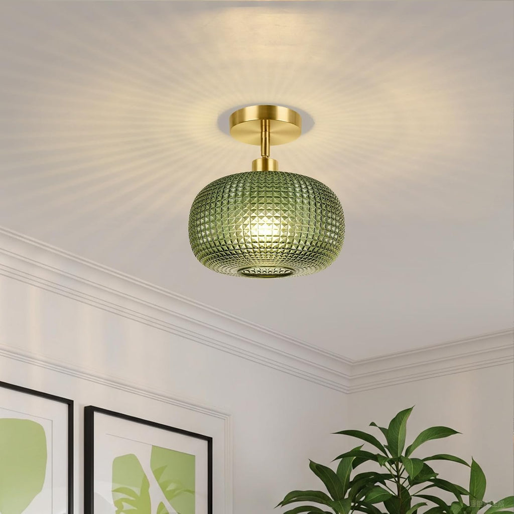 Semi Flush Mount Ceiling Light, Adjustable Hanging Gold Sloped Ceiling Lights with Green Glass Shade Vintage Hallway