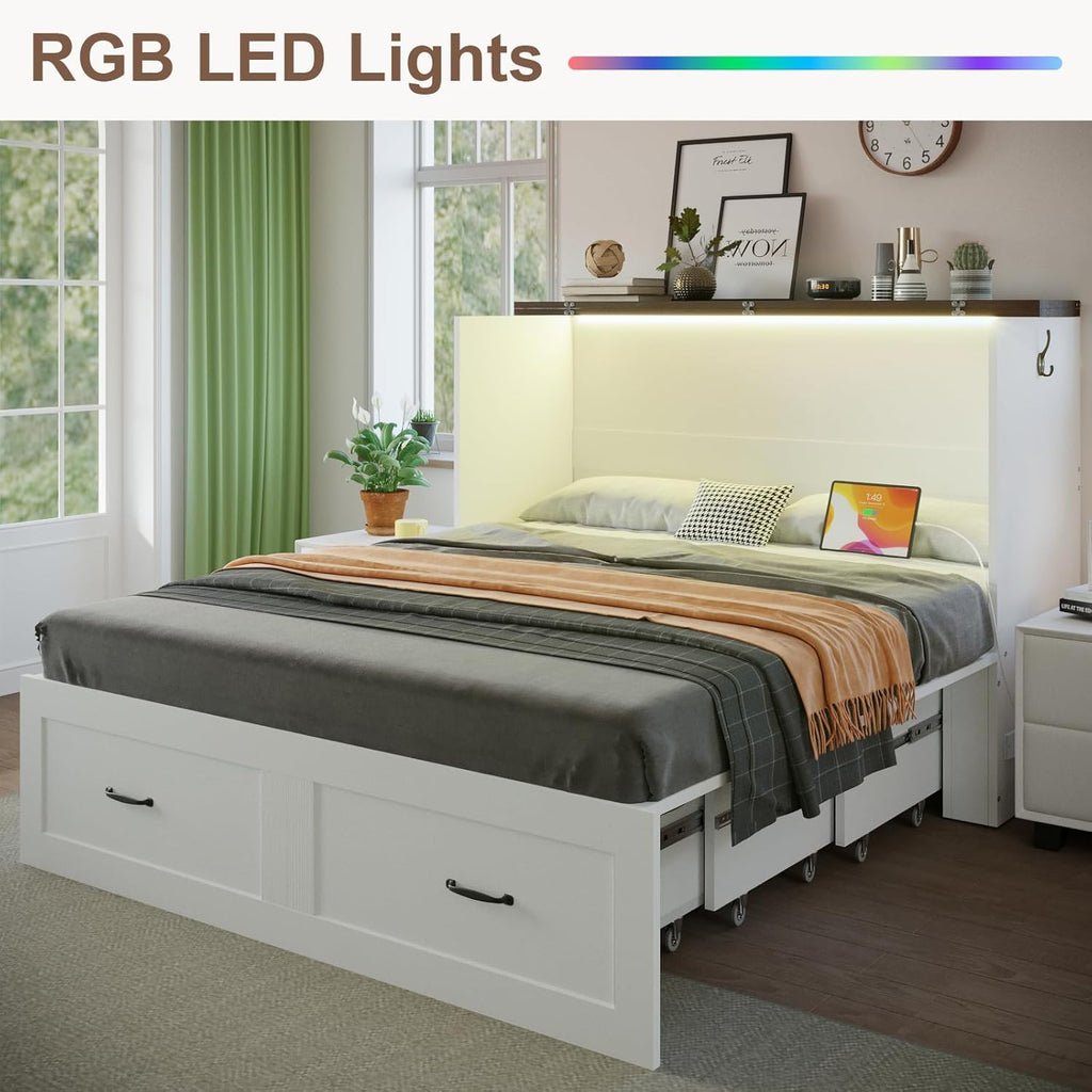 Full Murphy Bed with Storage & Charging Station, Murphy Cabinet Bed with Drawer for Guest Bedroom, Living Room