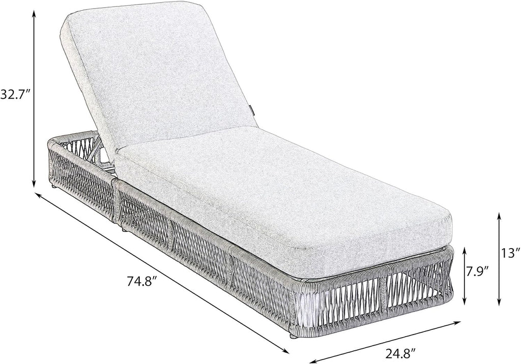 Outdoor Chaise Lounge Chair, Gray Woven Rope Patio Recliner with 5-Position Adjustable Backrest, Pool Sunbathing