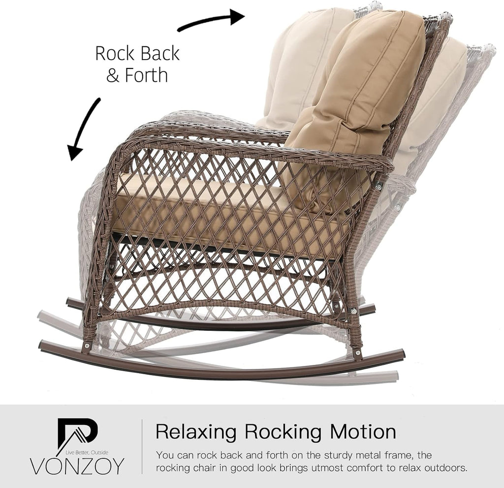 Patio Furniture Set 3 Pieces, Wicker Outdoor Rocking Bistro Set, Khaki | Outdoor Rocker Chairs with 4" Thick Cushions