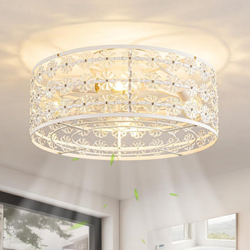 White Caged Ceiling Fan with Light and Remote, Modern Romantic Flower Crystal Ceiling Fans with Lights