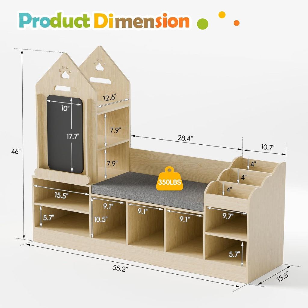 Kids Bookshelf with Reading Nook, Wooden Toy Storage Organizer with Chalkboard and Bench, Kids Reading Nook for