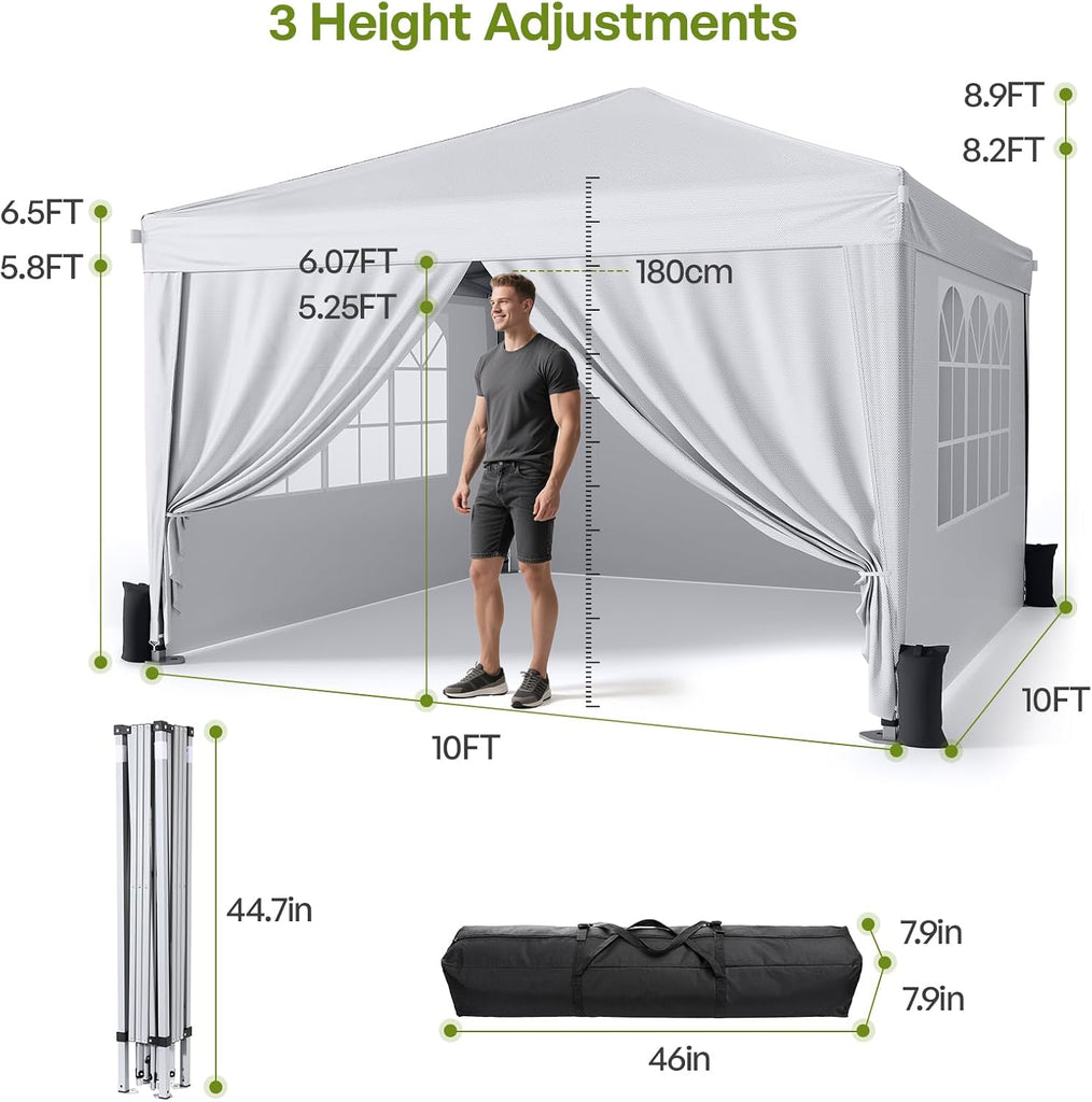 10x10 Pop Up Canopy with Sidewalls, Outdoor Instant Canopy Tent with Carry Bag Events, Camping, Backyard Parties - White