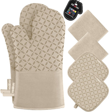 Oven Mitts and Pot Holders 6pcs Set, Kitchen Oven Glove High Heat Resistant 500 Degree Extra Long Oven Mitts and