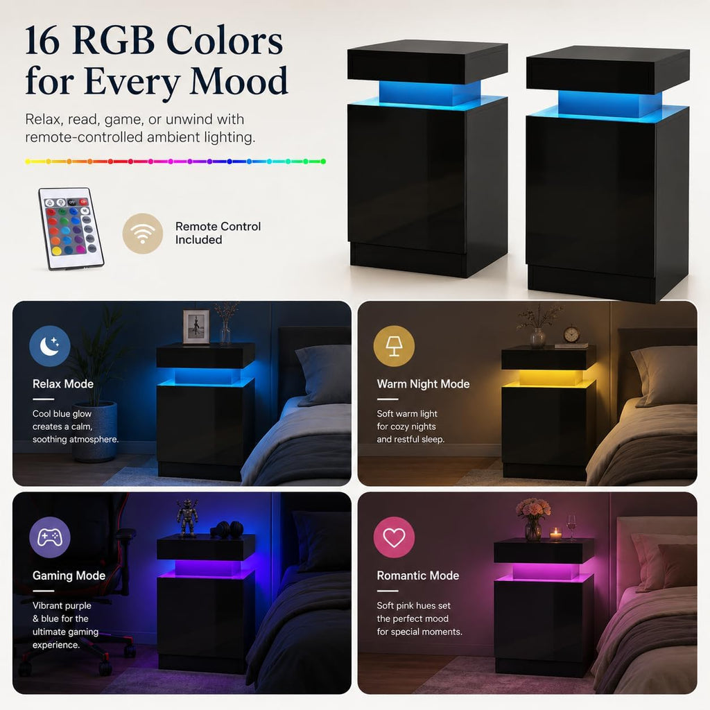 Nightstand Set of 2 with LED Lights, 24in Tall Night Stand with Storage Cabinet , Bedside Table with LED (Black