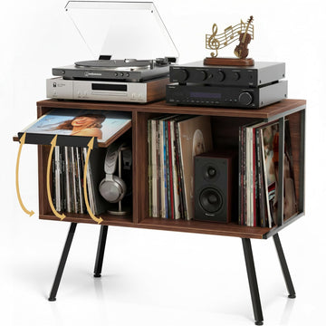 Record Player Stand with Flip-Down Record Shelf, Walnut