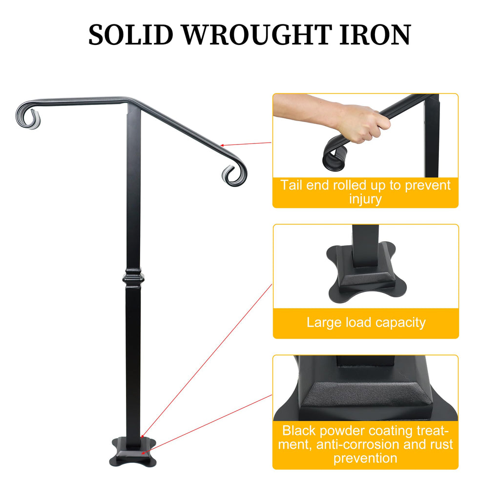 Handrail Railing, Single Post Handrail, Stair Railing for Concrete, Sturdy Handrails with Base, Mountable Iron Stair