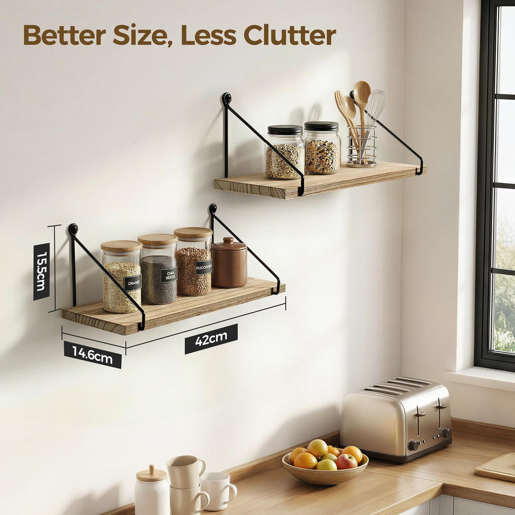 Rustic Floating Shelves for Wall, Wood Shelf with Brackets, Set of 2 | Solid Wood and Metal, Hanging Bookshelf