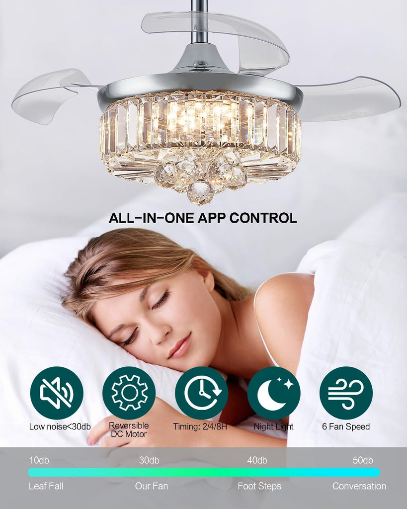 30 Inch Crystal Fandelier Ceiling Fan with Light Dimmable Chandelier Ceiling Fans with Lights ,Chrome