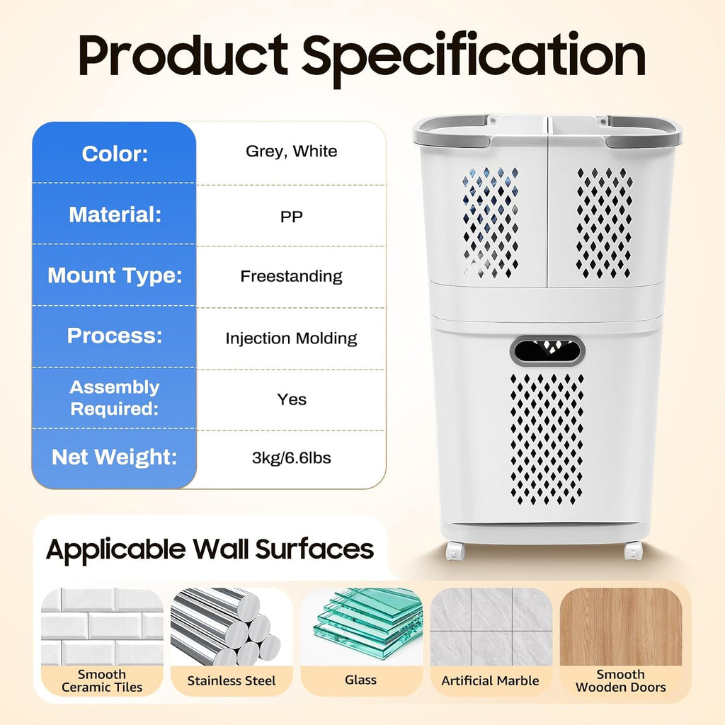 2 Tier Laundry Basket with Wheels & Handle, White Laundry Hamper Plastic 2 Section Laundry Sorter Floor-Standing