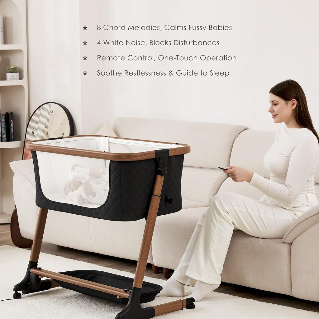 Electric Baby Bassinet, Auto Rocking Bedside Sleeper, 6 Heights with Mattress, Washable Sheet, Remote Control, 5