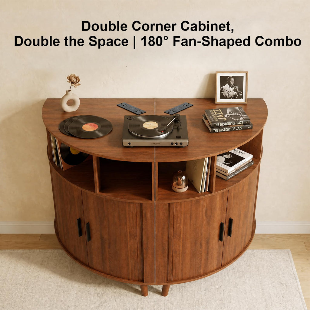 Corner Record Player Stand with Charging Station, Mid Century Modern Vinyl Storage Cabinet with Curved Door, Small