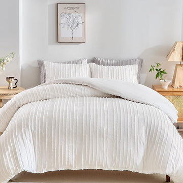 White Boho Duvet Cover Set, Striped Textured Tufted Bedding Set, 3 Pcs Ultra Soft Washed Microfiber with Zipper
