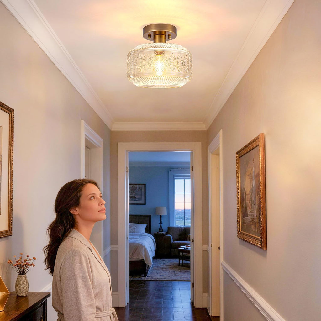Semi Flush Mount Ceiling Light, Brass Thick Glass Fixture | Thick Glass Shade Creates Soft Warm Glow, Semi Flush