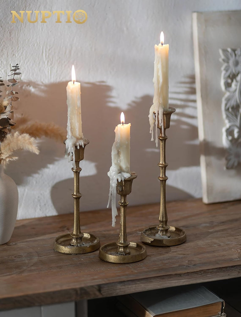 Cast Iron Candlestick Holders: Antique Brass Taper Candle Holders with Unique Drip Wax Aesthetics - Set of 3 Gold