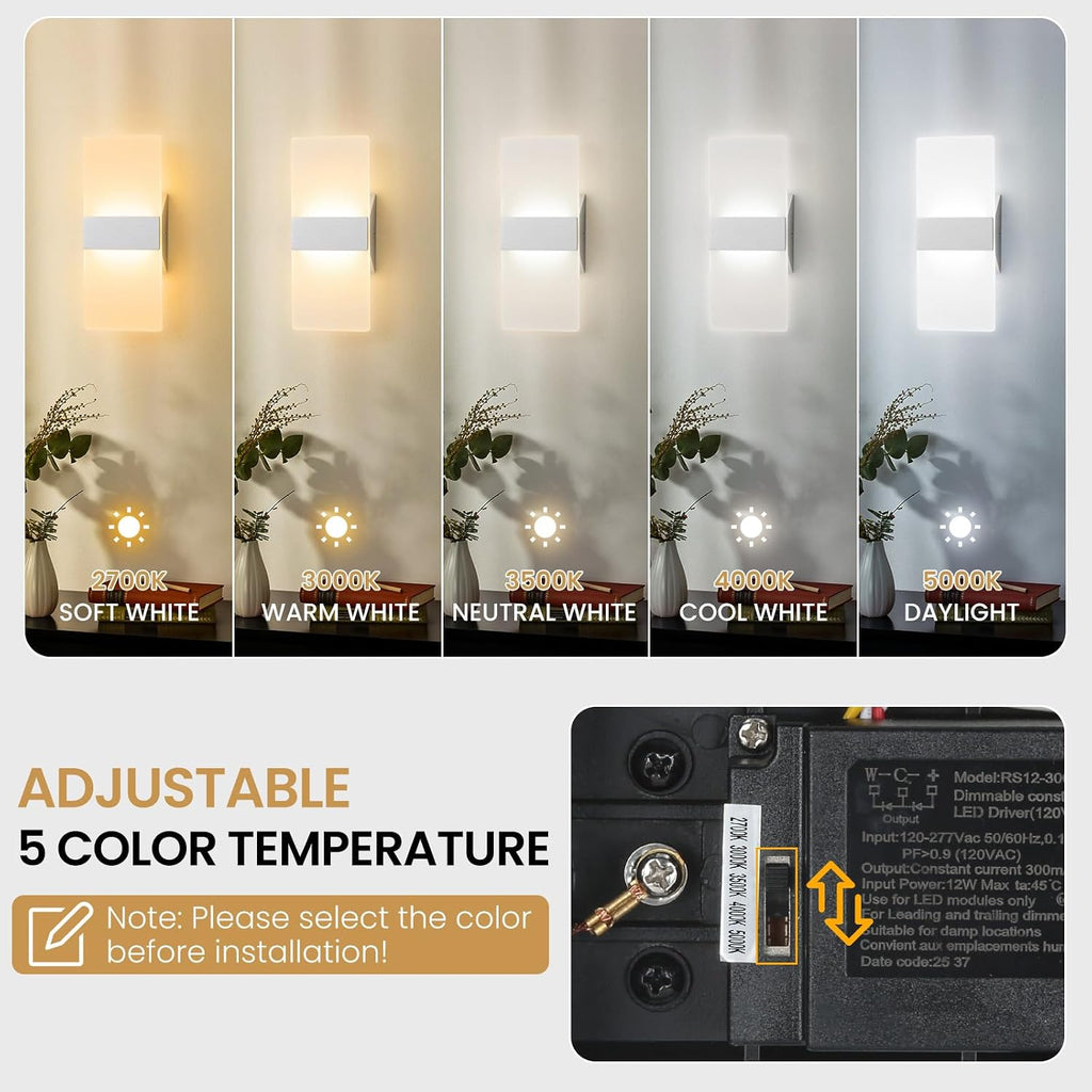 LED Wall Sconces Set of Two, Dimmable Indoor Wall Lights, 2700K-5000K Adjustable, Hardwired Acrylic Wall Lamps