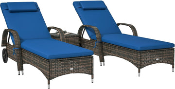 Wicker Outdoor Chaise Lounge Chair Set of 3 Blue | Side Table, 5-Level Adjustable Backrest, PE Rattan Pool Lounge