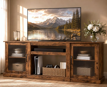 Farmhouse TV Stand for 75 inch TV, Entertainment Center with Storage Cabinets, Mid Century Modern TV Console for Living Room, Bedroom, Rustic Brown