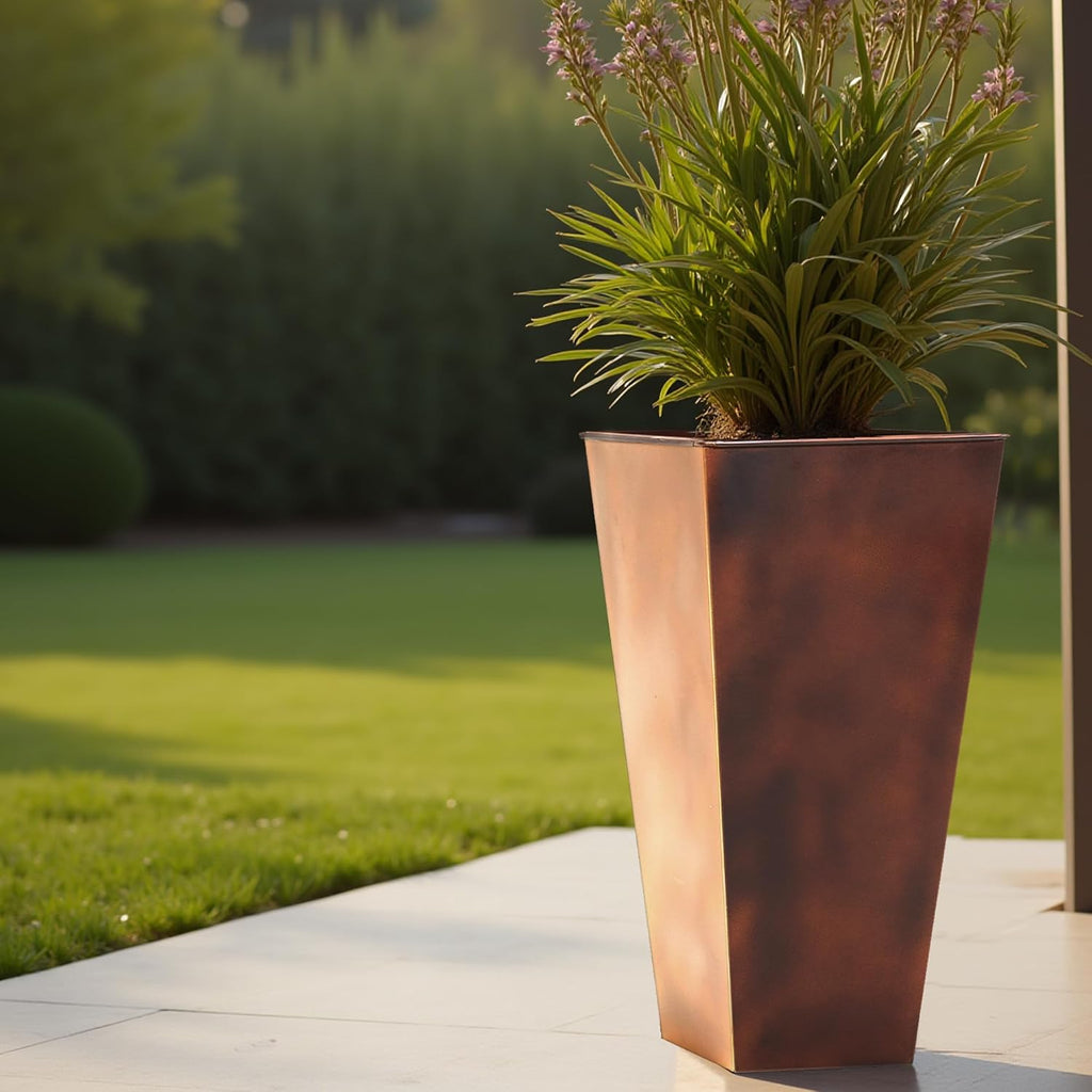 12" Dia x 28" H Large Metal Planter Set of 2, Matte Bronze Retro Finish Tall Square Tapered Steel Plant Pots, Decor