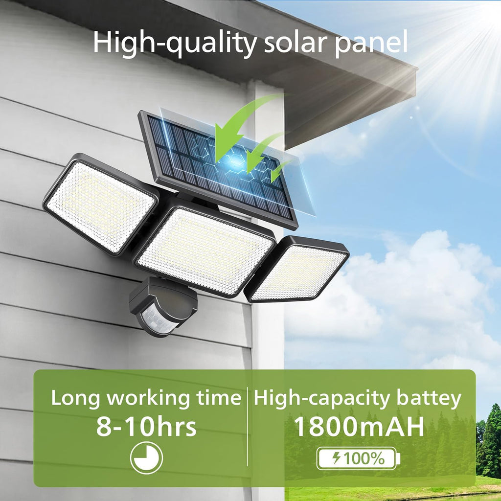 Solar Security Light Outdoor 302 LED 1200lm,Solar-Powered Waterproof Wall-Mounted Flood Light w/PIR Motion Sensor, 3