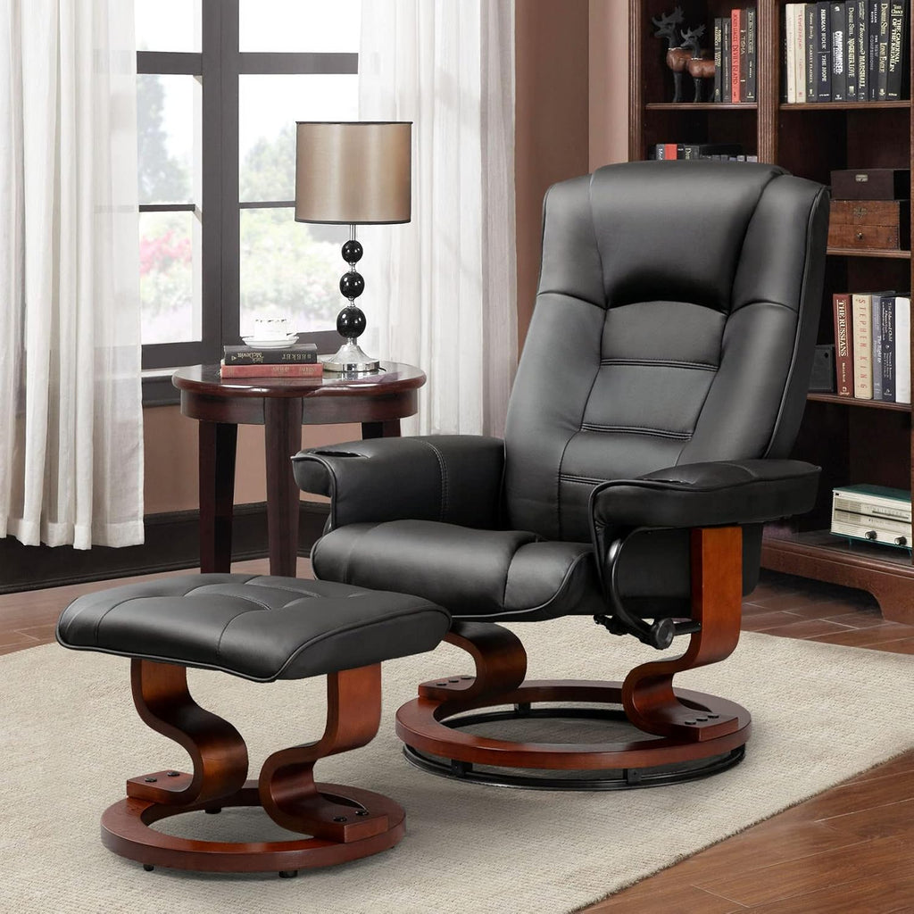 Modern Reclining Swivel Lounge Chair and Ottoman — Black Faux Leather