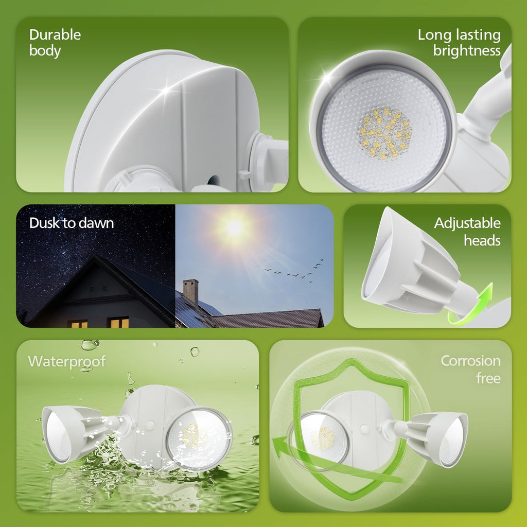 Dusk to Dawn 44W 3500LM LED Security Flood Lights Outdoor, 5000K Daylight, Wet Location, Dual Adjustable Heads